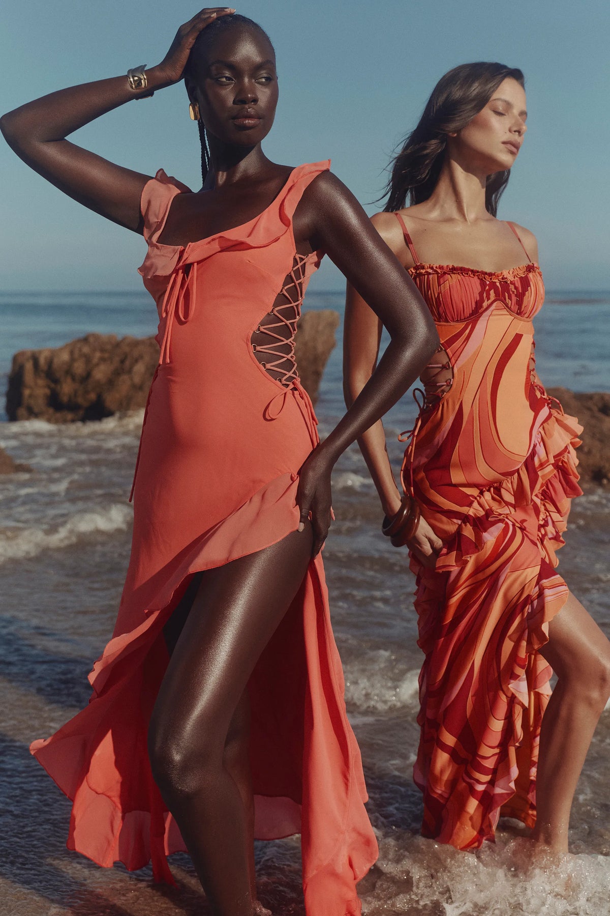 Aloura Coral Georgette Ruffle Maxi Dress