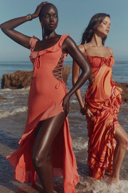 Aloura Coral Georgette Ruffle Maxi Dress