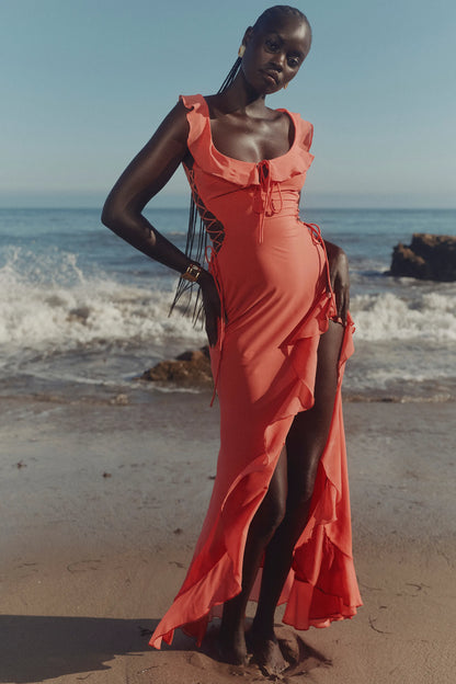 Aloura Coral Georgette Ruffle Maxi Dress
