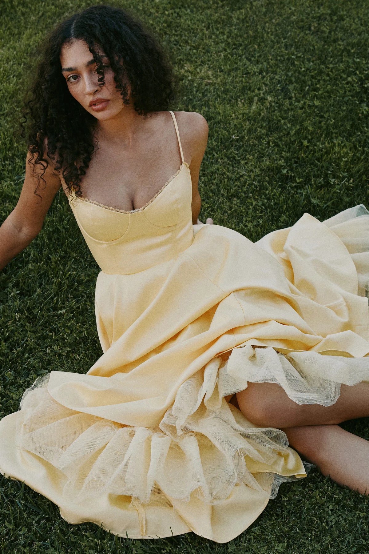 Mademoiselle Sunshine Yellow Satin Tulle Midi Dress