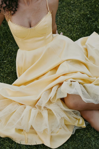 Mademoiselle Sunshine Yellow Satin Tulle Midi Dress