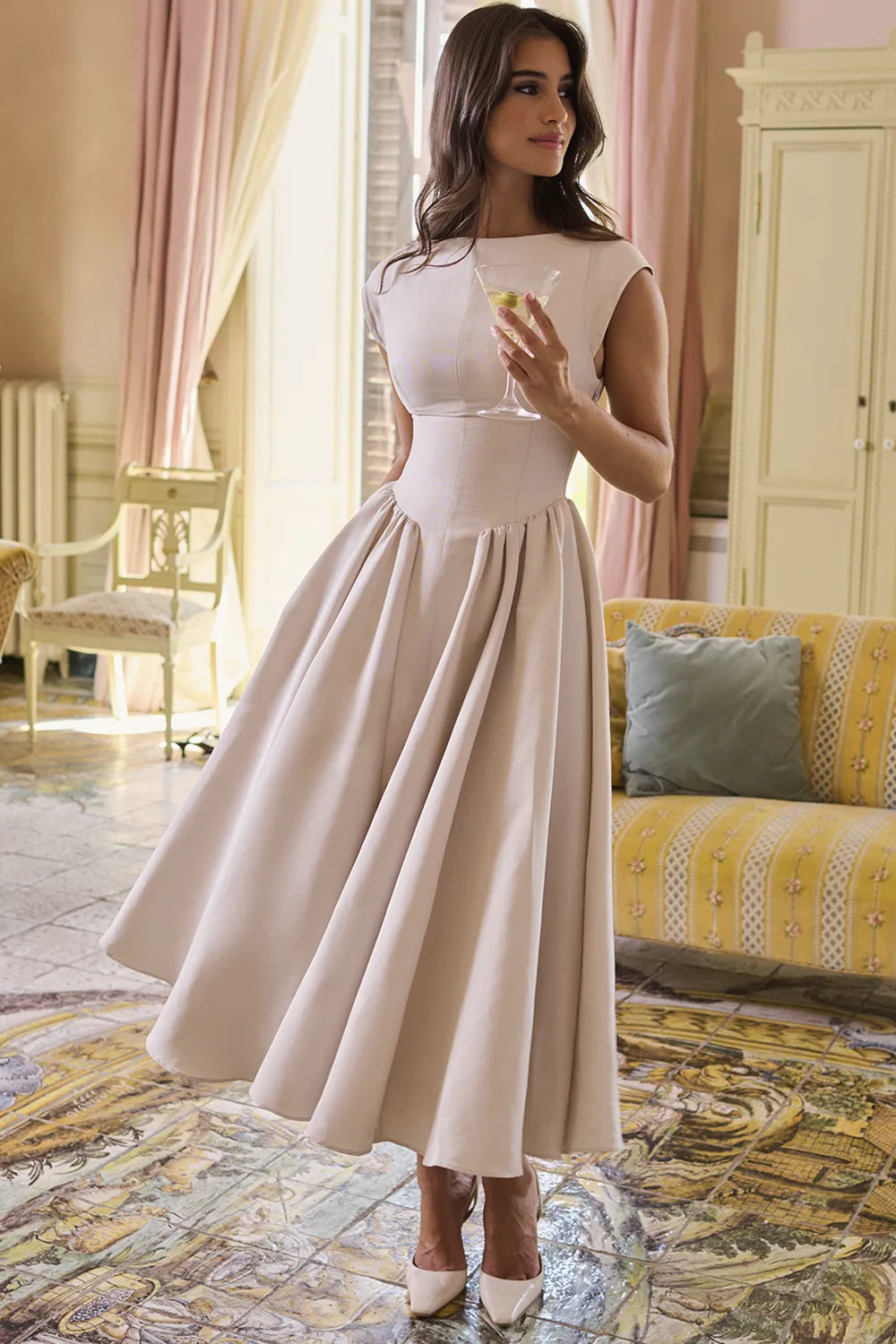 Debutante French Dove Moire Satin Backless Midi Dress