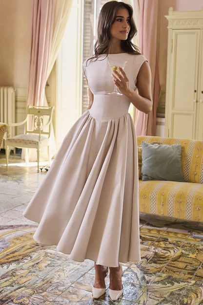 Debutante French Dove Moire Satin Backless Midi Dress