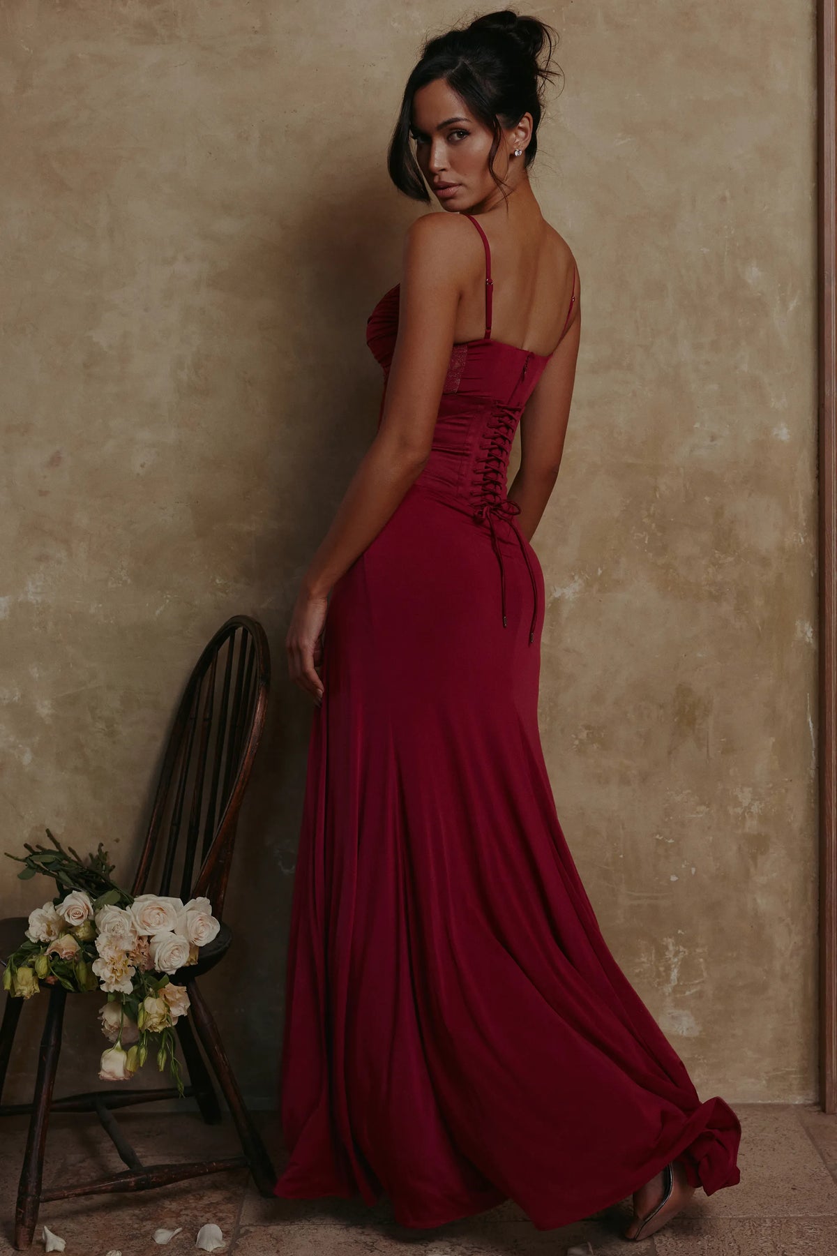 Sabrine Wine Lace Trim Maxi Dress + Corset