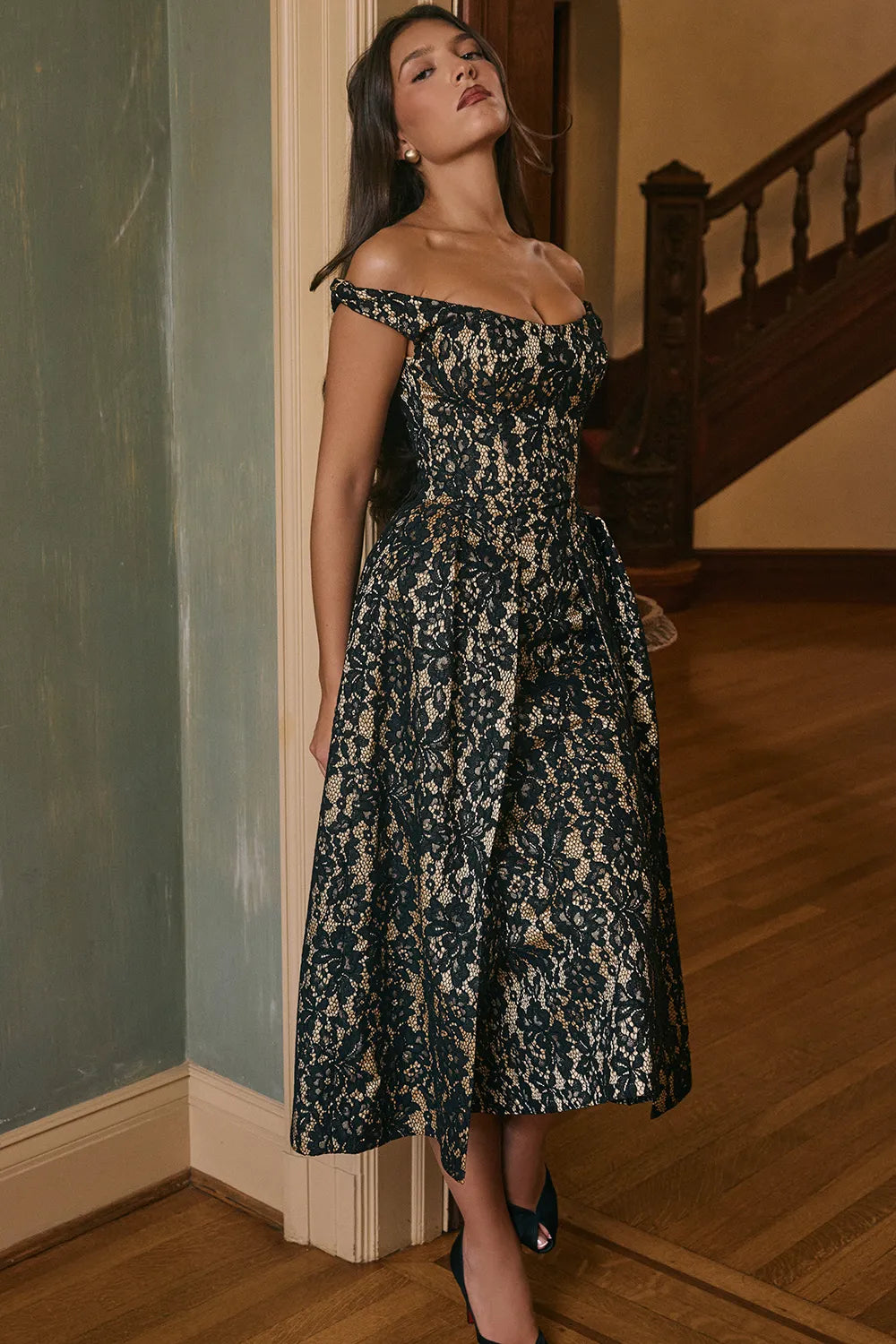 Charming Black Gold Lace Off Shoulder Midi Gown