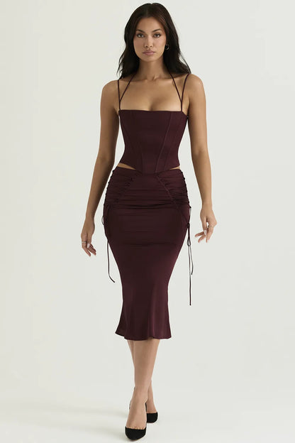 Sidonie Wine Satin Lace Up Midi Skirt