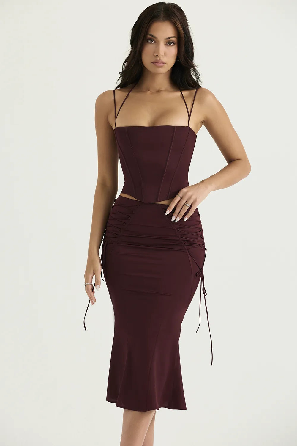 Sidonie Wine Satin Lace Up Midi Skirt