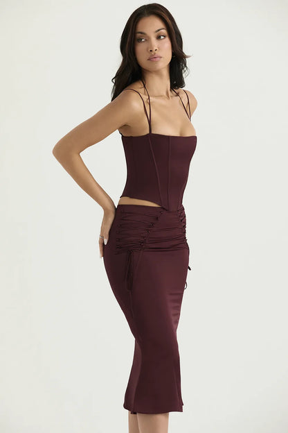 Sidonie Wine Satin Lace Up Midi Skirt