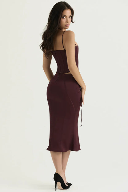 Sidonie Wine Satin Lace Up Midi Skirt