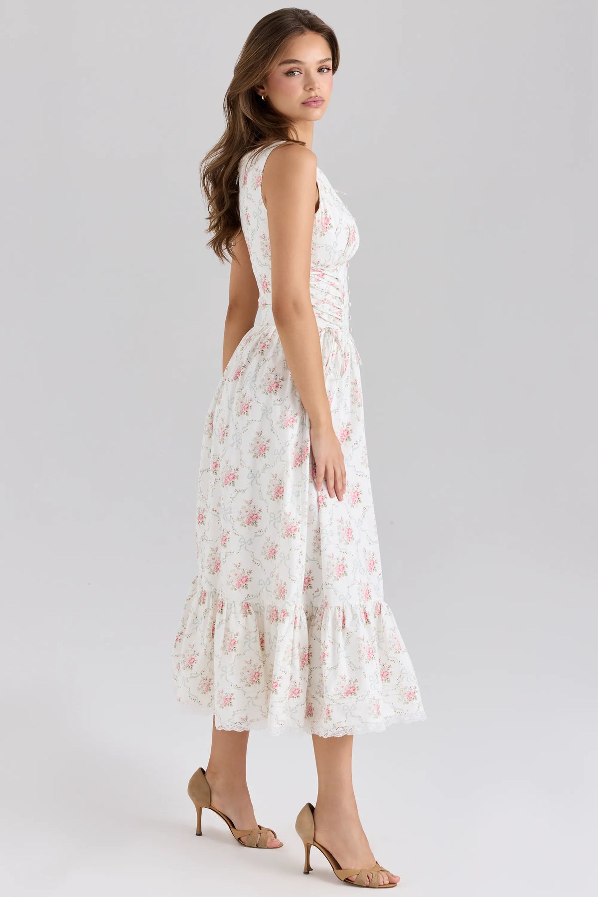 Sienna Rose Print Stretch Cotton Lace Up Midi Dress