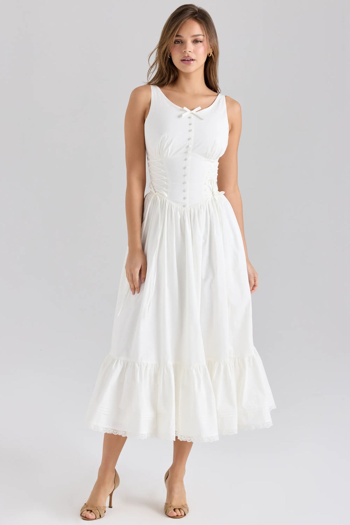Sienna White Stretch Cotton Lace Up Midi Dress