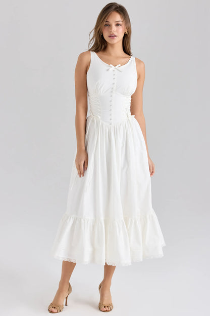 Sienna White Stretch Cotton Lace Up Midi Dress