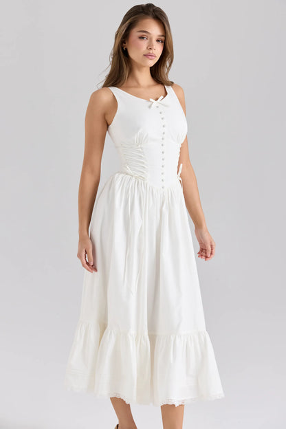 Sienna White Stretch Cotton Lace Up Midi Dress
