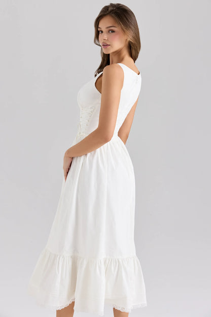 Sienna White Stretch Cotton Lace Up Midi Dress