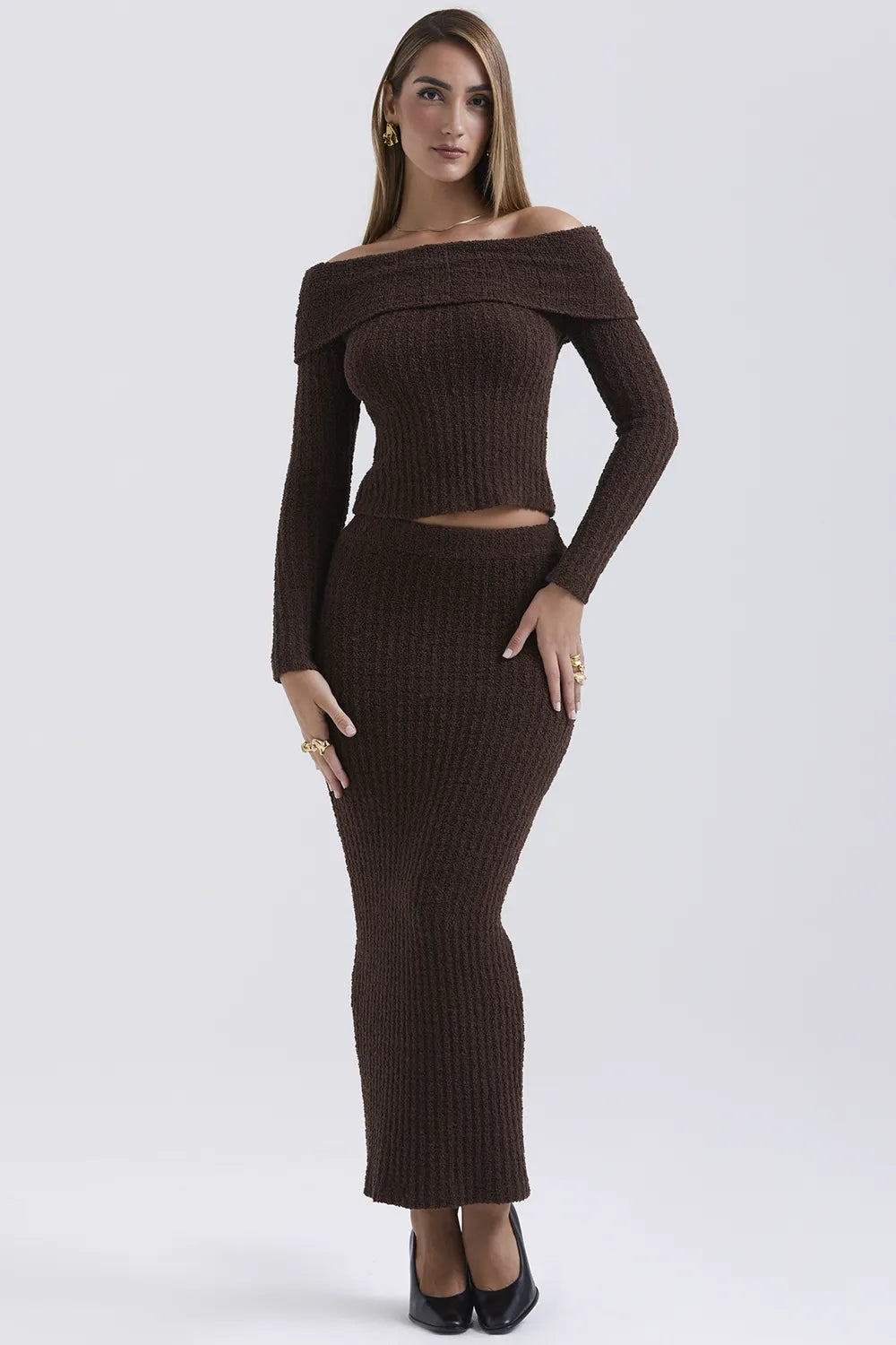 Sloane Chocolate Soft Cotton Boucle Maxi Skirt