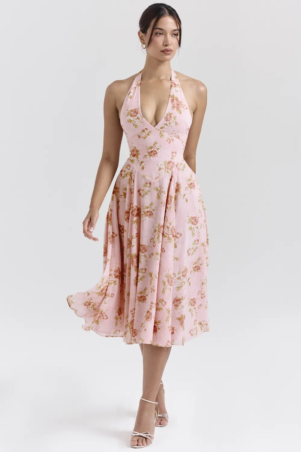 Solada English Vintage Rose Print Georgette Halter Sundress