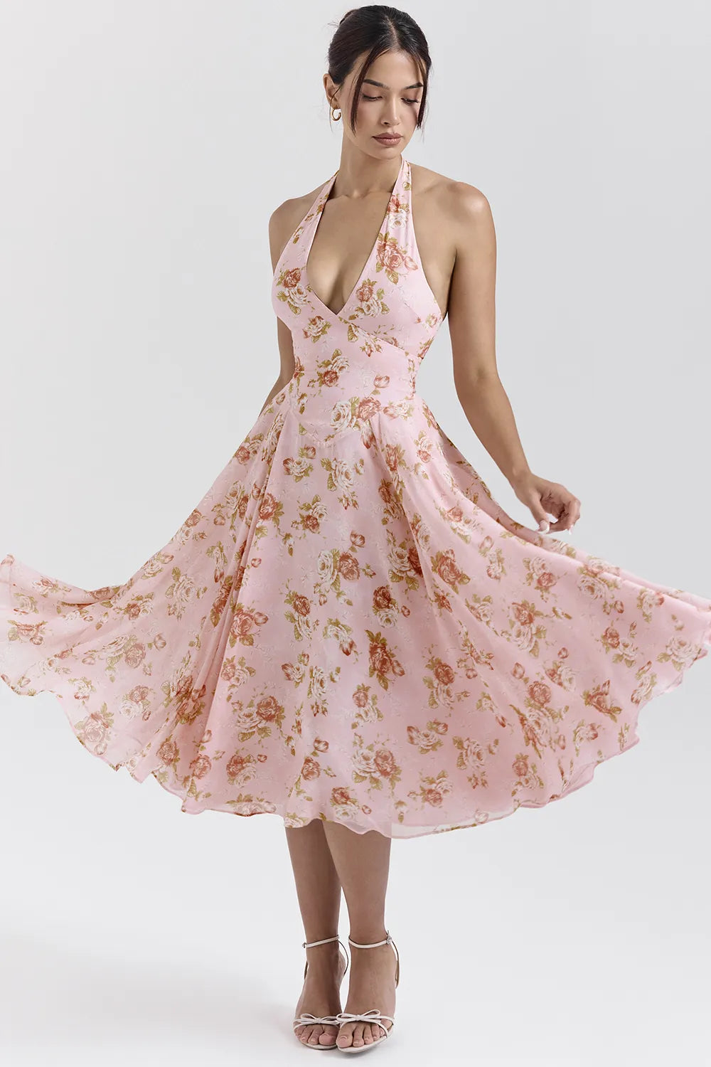 Solada English Vintage Rose Print Georgette Halter Sundress