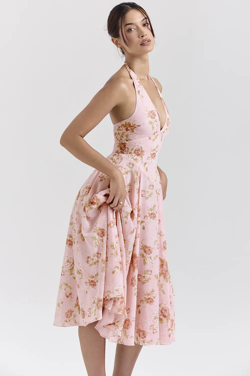 Solada English Vintage Rose Print Georgette Halter Sundress