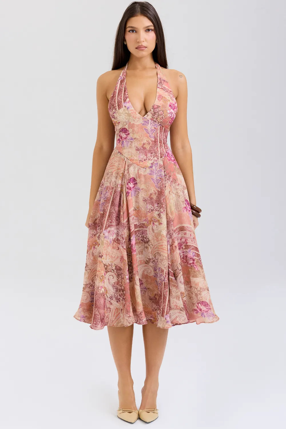 Solada Paisley Patchwork Print Georgette Halter Sundress