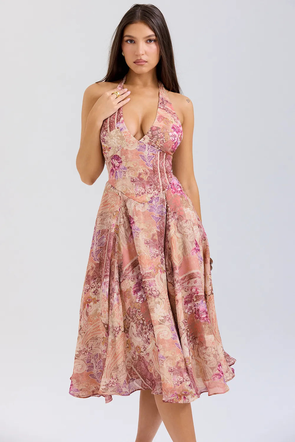 Solada Paisley Patchwork Print Georgette Halter Sundress