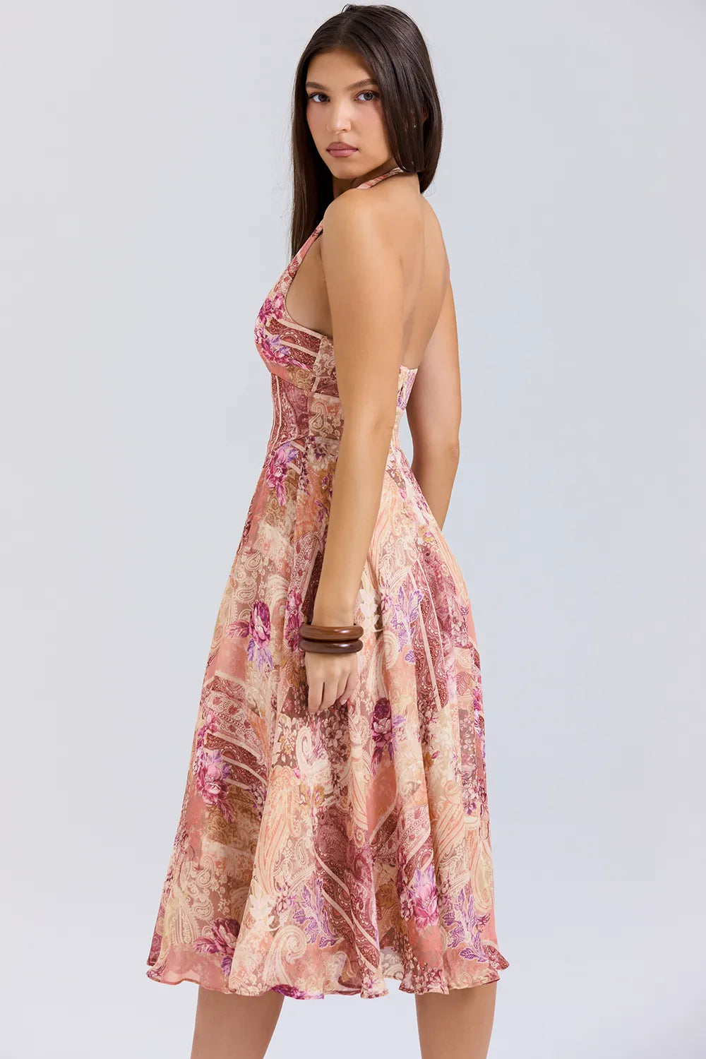 Solada Paisley Patchwork Print Georgette Halter Sundress