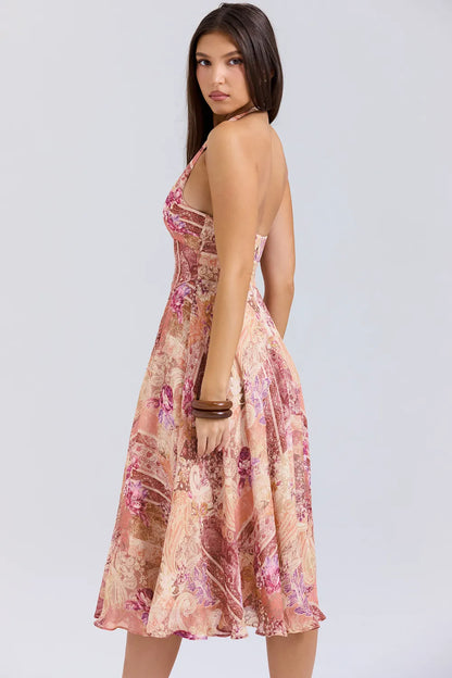 Solada Paisley Patchwork Print Georgette Halter Sundress