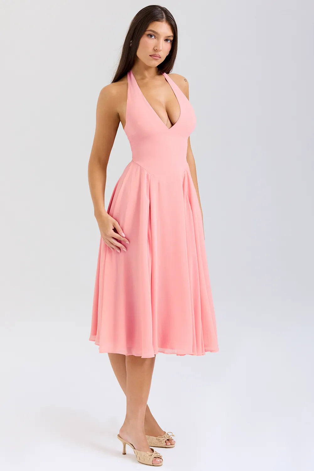 Solada Peach Georgette Halter Sundress