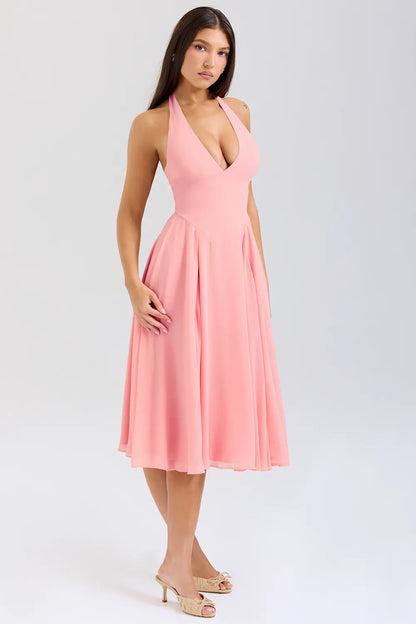 Solada Peach Georgette Halter Sundress