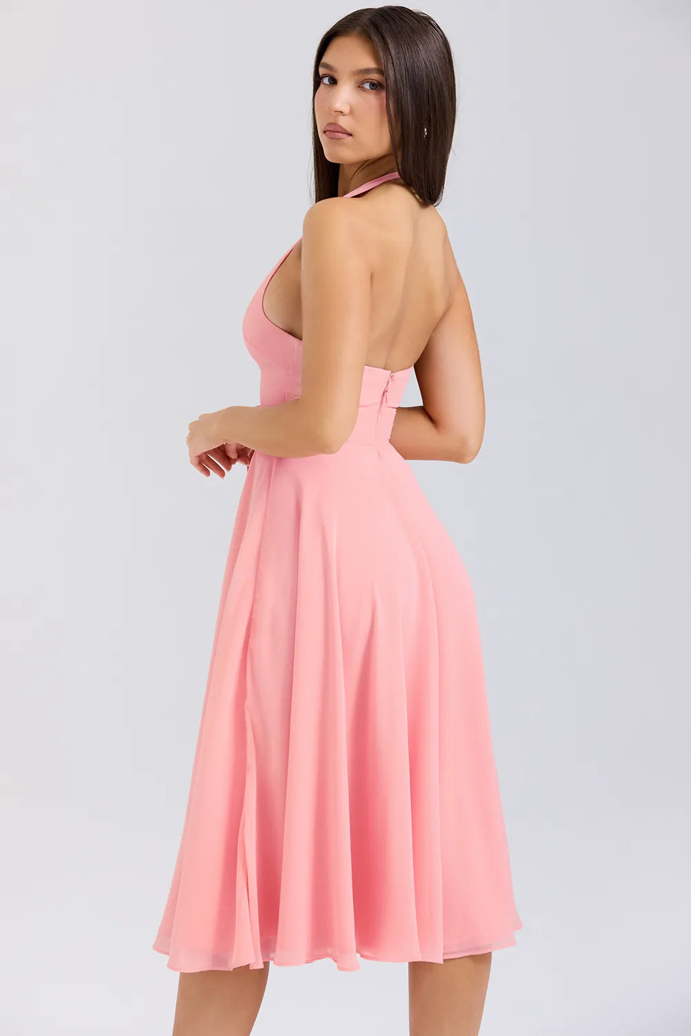 Solada Peach Georgette Halter Sundress