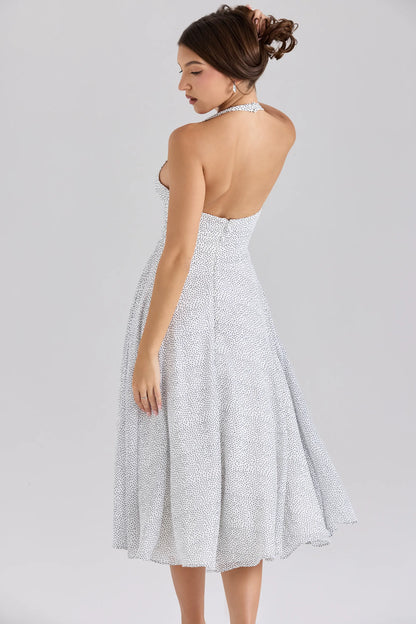 Solada Polka Dot Print Georgette Halter Sundress
