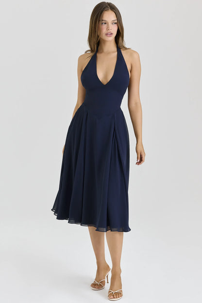 Solada Navy Georgette Halter Midi Dress