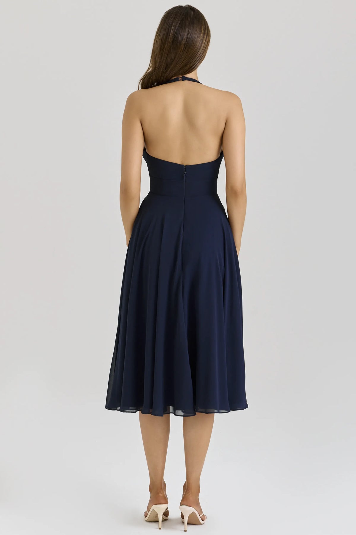 Solada Navy Georgette Halter Midi Dress