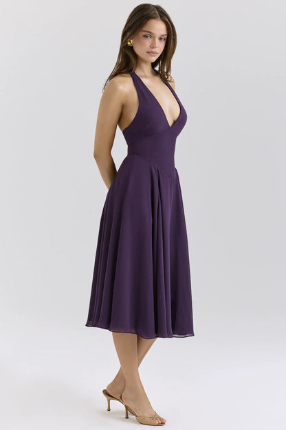 Solada Grape Georgette Halter Sundress