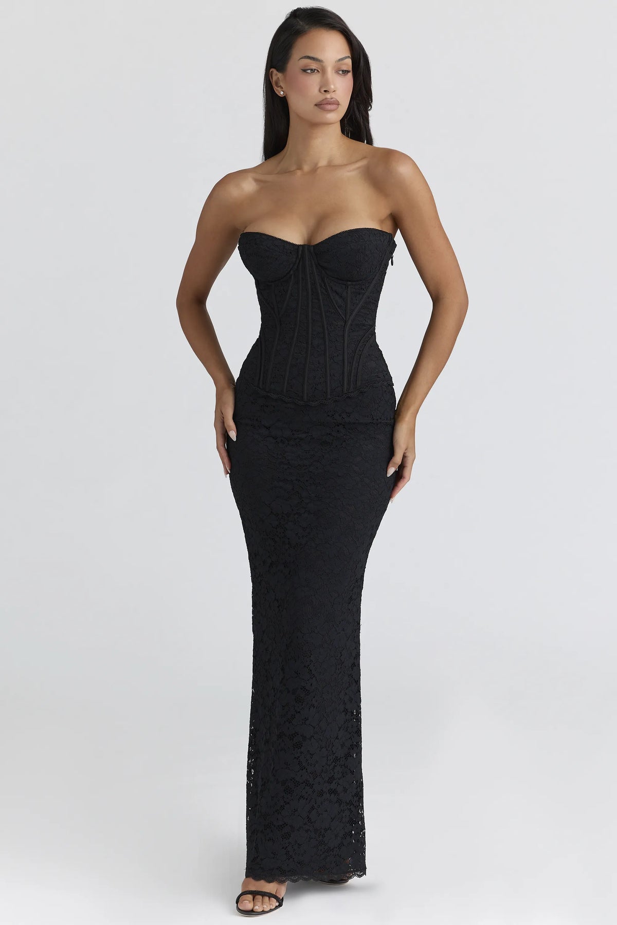 Solaine Black Lace Corset Maxi Dress