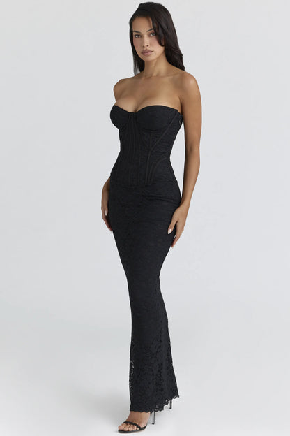 Solaine Black Lace Corset Maxi Dress