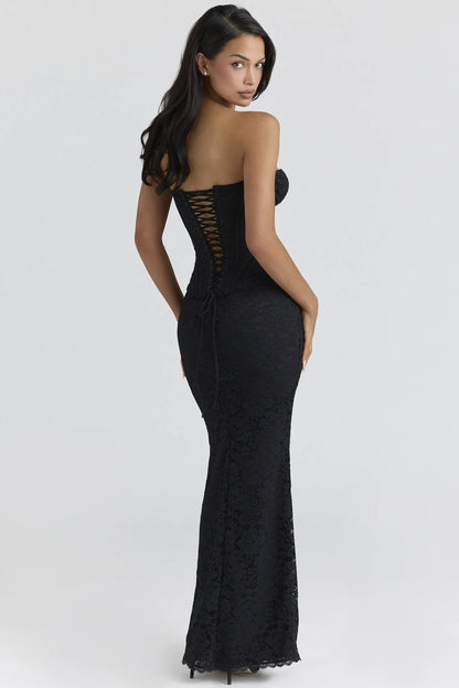 Solaine Black Lace Corset Maxi Dress