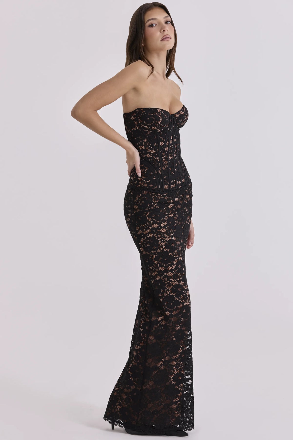 Solaine Black + Blush Lace Corset Maxi Dress