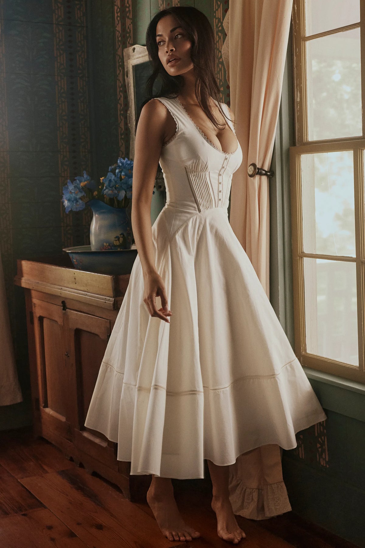 Solana White Cotton Waist Cinch Midi Sundress
