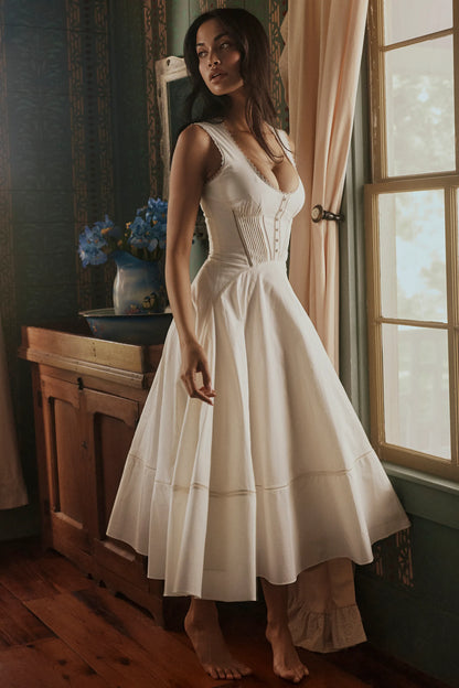 Solana White Cotton Waist Cinch Midi Sundress