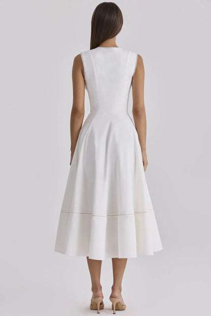 Solana White Cotton Waist Cinch Midi Sundress