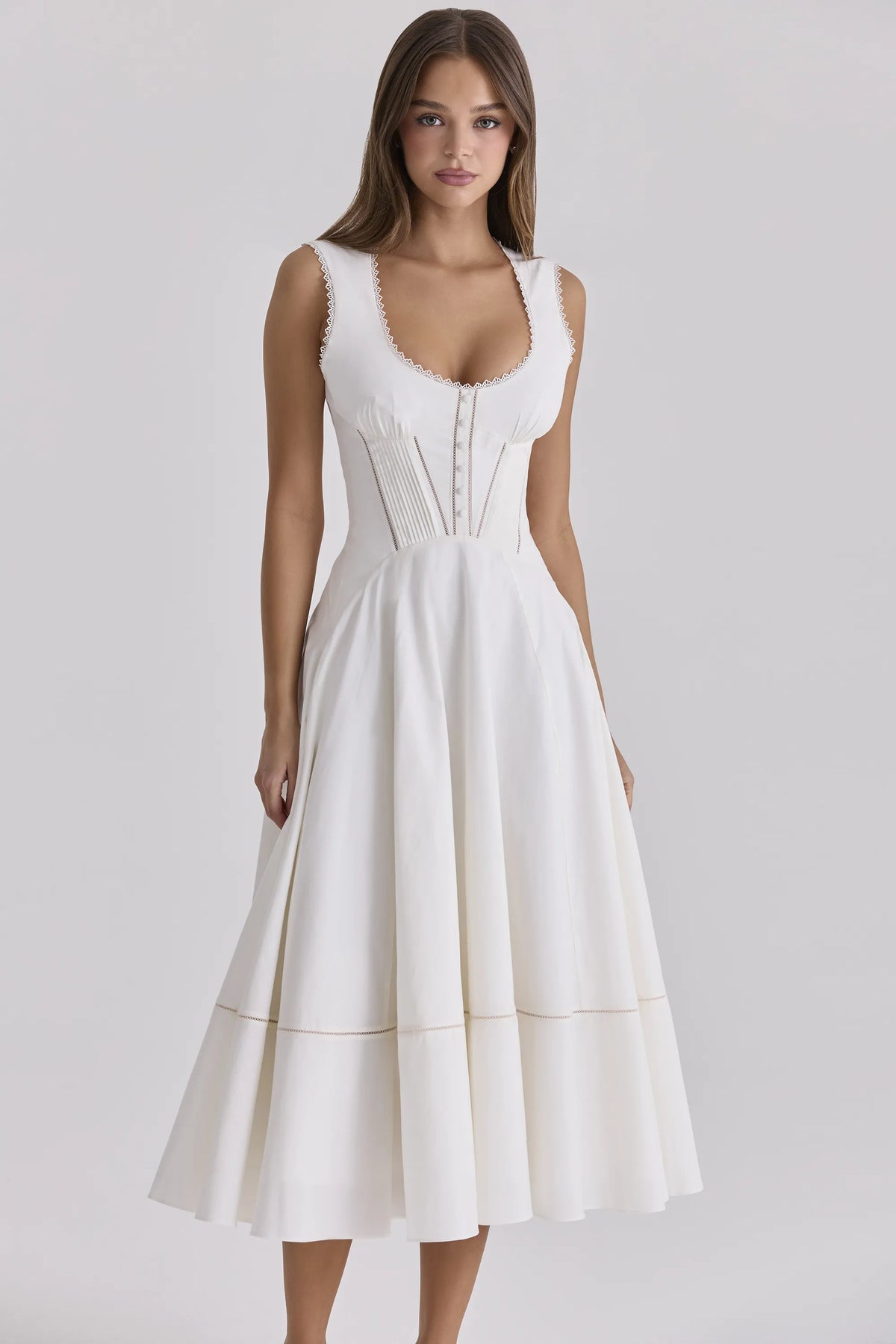 Solana White Cotton Waist Cinch Midi Sundress