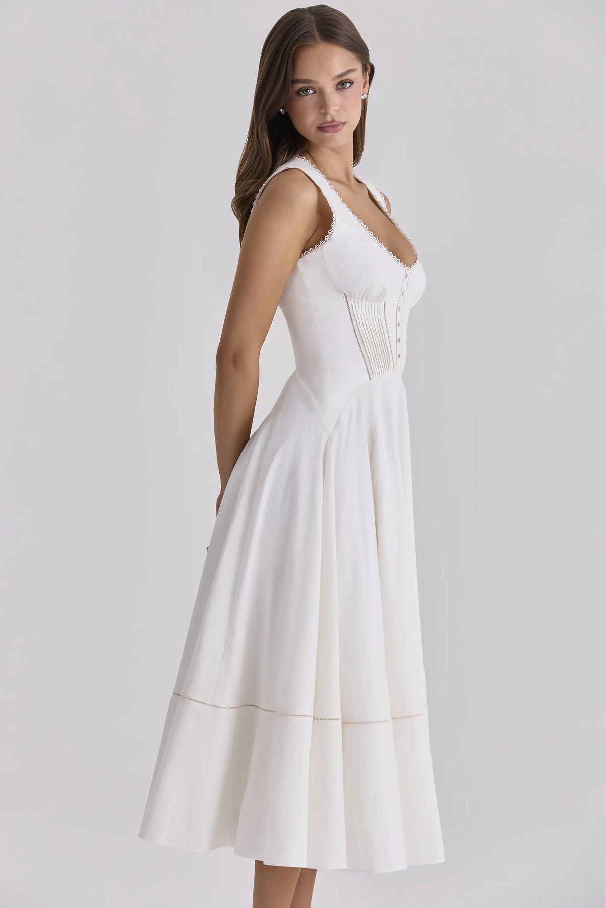 Solana White Cotton Waist Cinch Midi Sundress