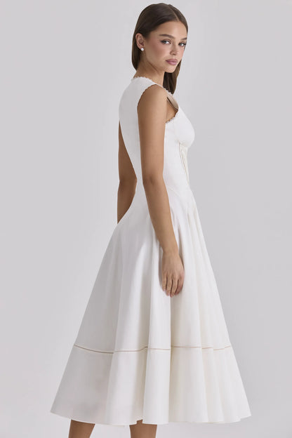 Solana White Cotton Waist Cinch Midi Sundress