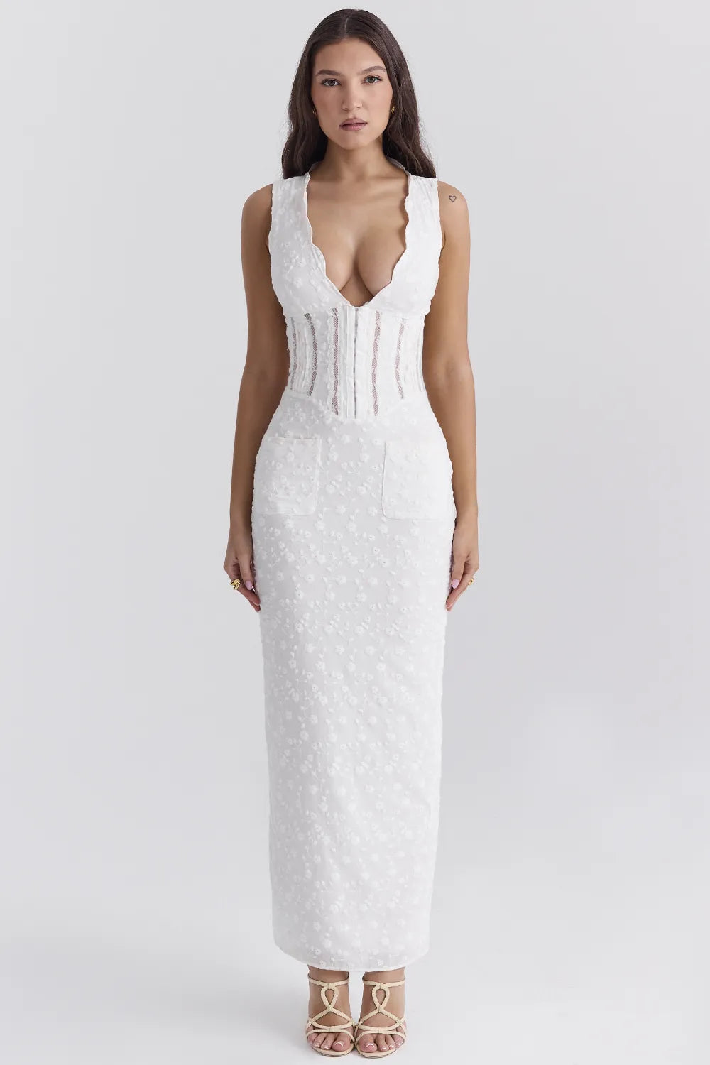 Sophina White Cotton Broderie Anglais Plunge Maxi Dress