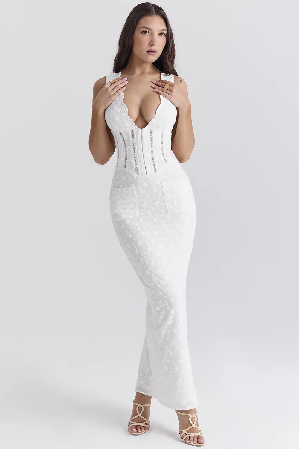 Sophina White Cotton Broderie Anglais Plunge Maxi Dress