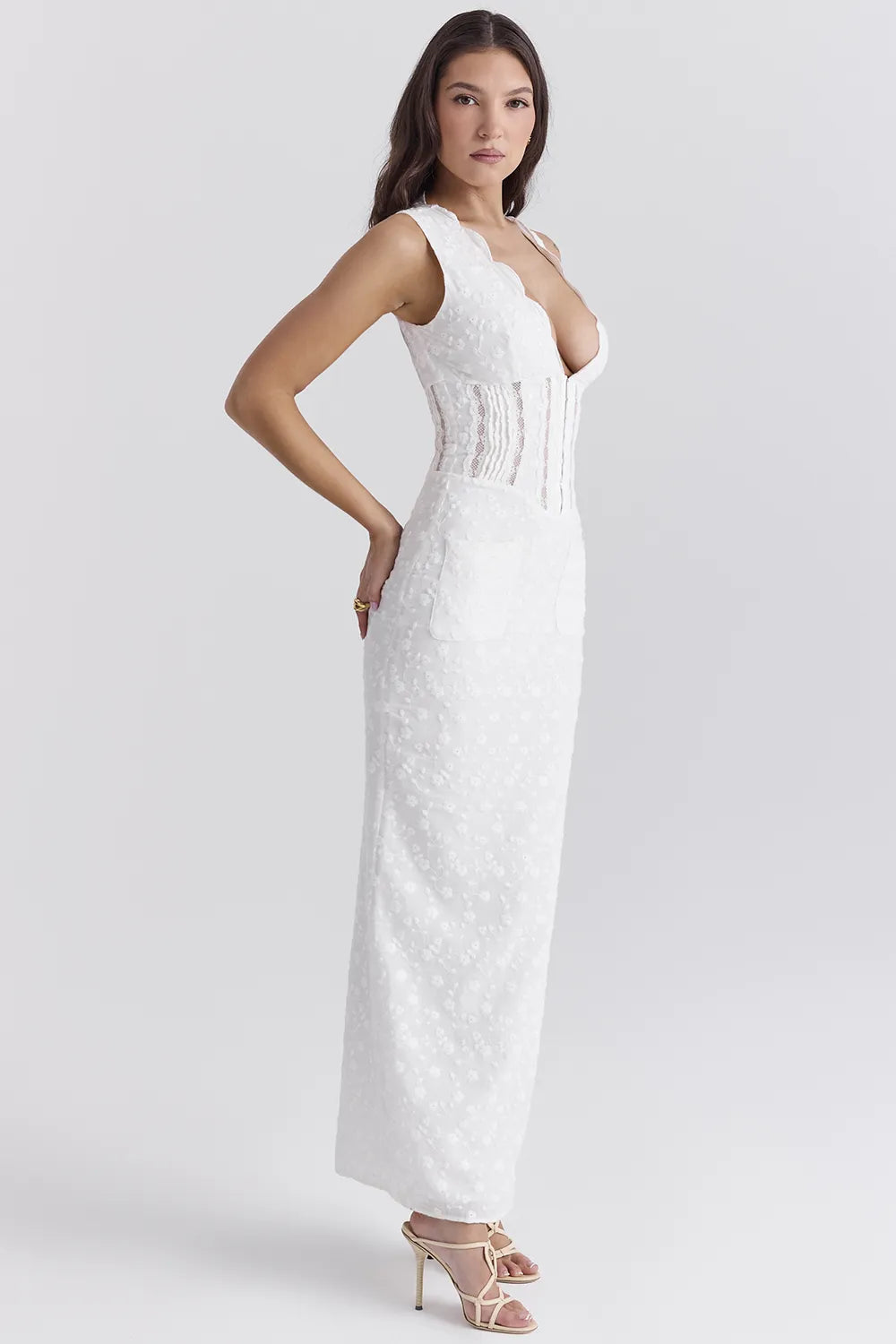 Sophina White Cotton Broderie Anglais Plunge Maxi Dress