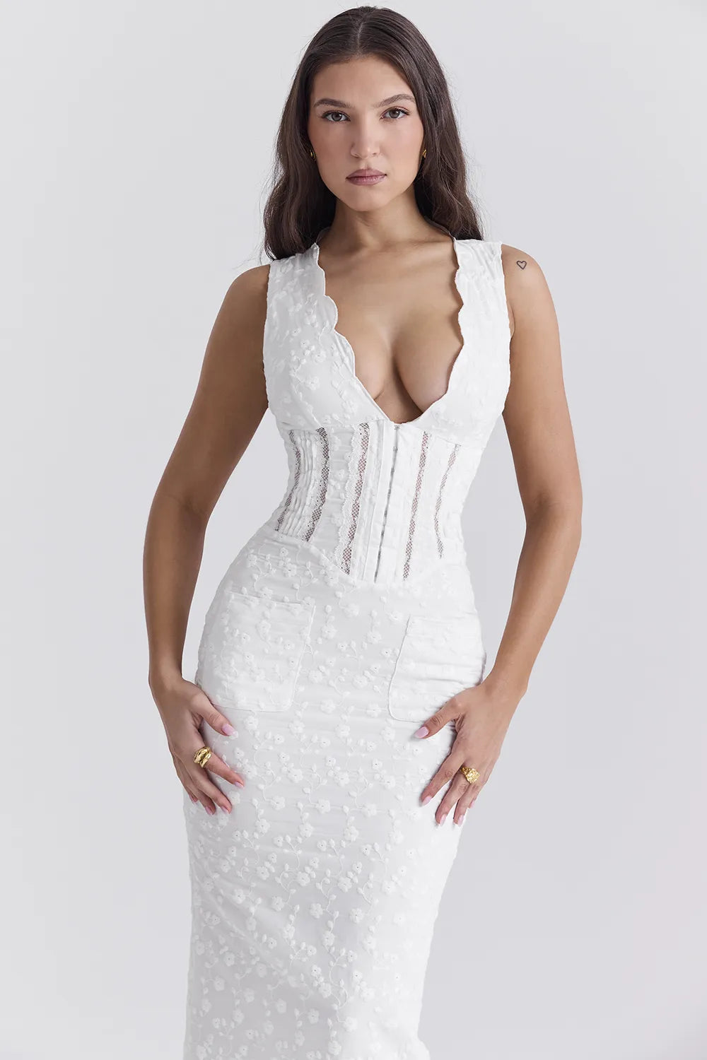 Sophina White Cotton Broderie Anglais Plunge Maxi Dress
