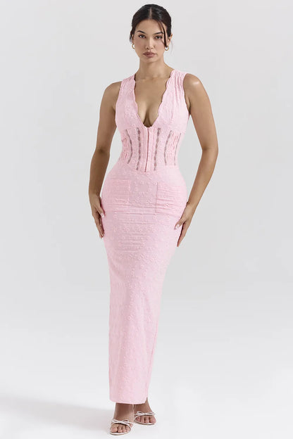 Sophina Perfectly Pink Broderie Anglais Plunge Maxi Dress
