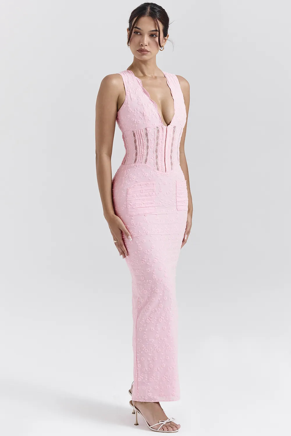 Sophina Perfectly Pink Broderie Anglais Plunge Maxi Dress