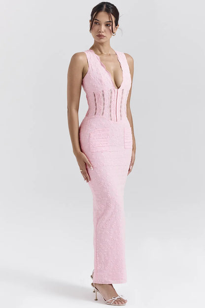 Sophina Perfectly Pink Broderie Anglais Plunge Maxi Dress